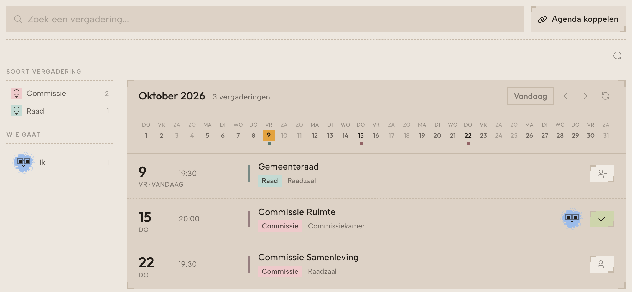 De agenda met vergaderingen van deze maand, filters en de knop Ik ga.
