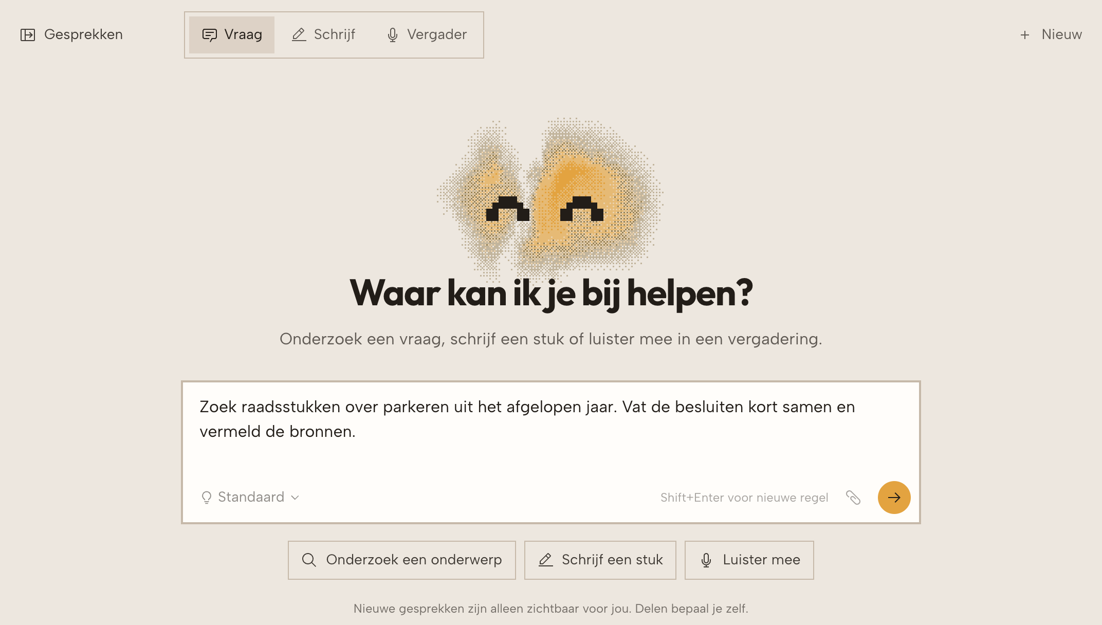 Het startscherm van de Assistent met een ingevulde vraag.