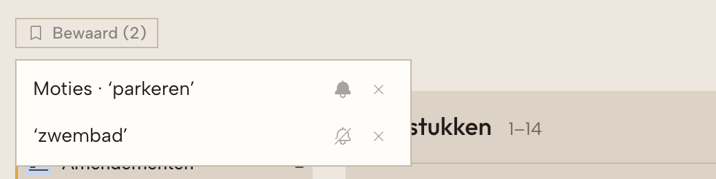 Het menu Bewaard met bewaarde zoekopdrachten en de meldingsknop.