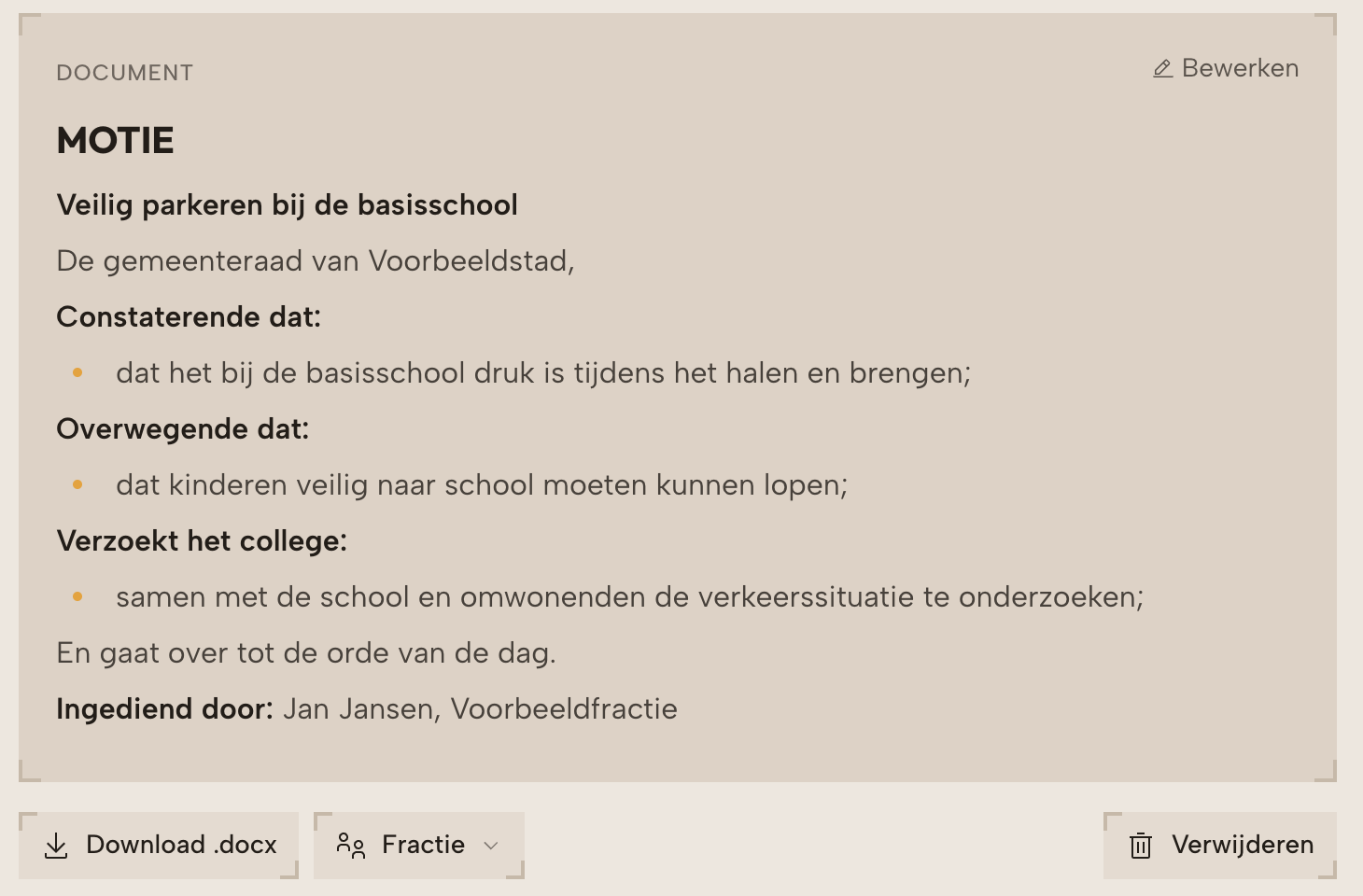 Conceptmotie met Bewerken, Download .docx en de deelknop Fractie.