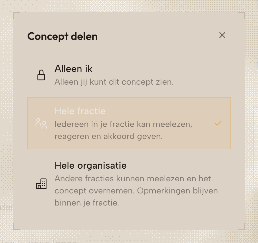 Het venster Concept delen met Alleen ik, Hele fractie en Hele organisatie.