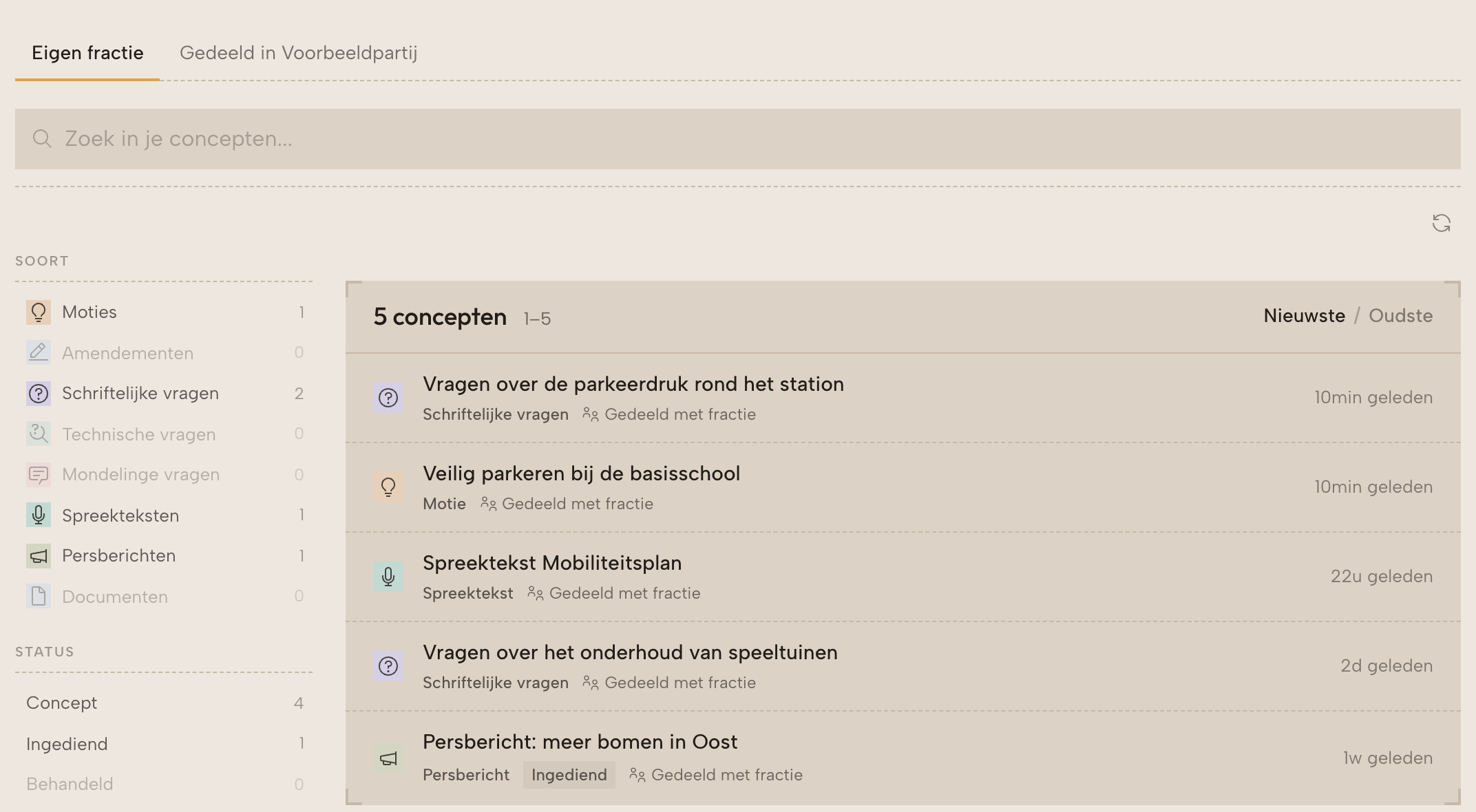 Het overzicht van concepten met filters en een paar concepten.