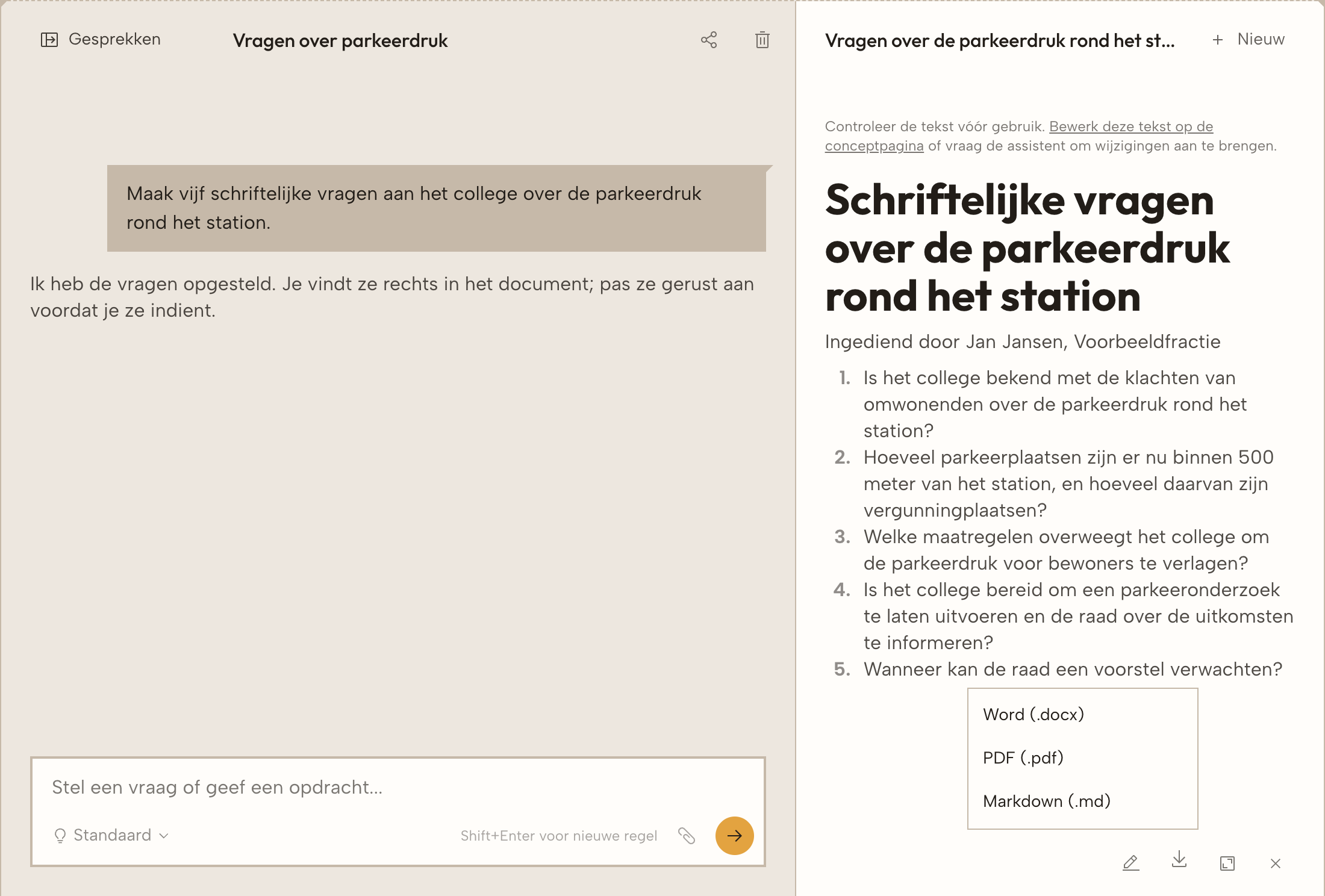 Een gesprek met rechts het document en de downloadknop.