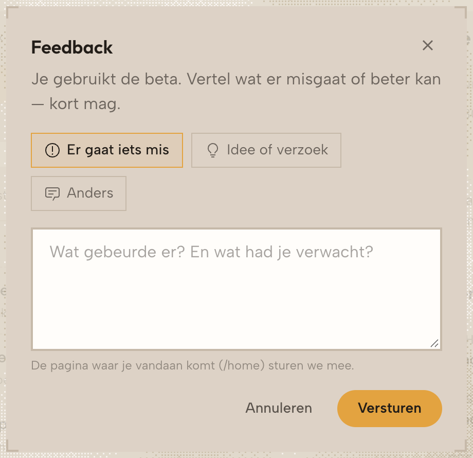 Het venster Feedback met de soort melding en een tekstveld.