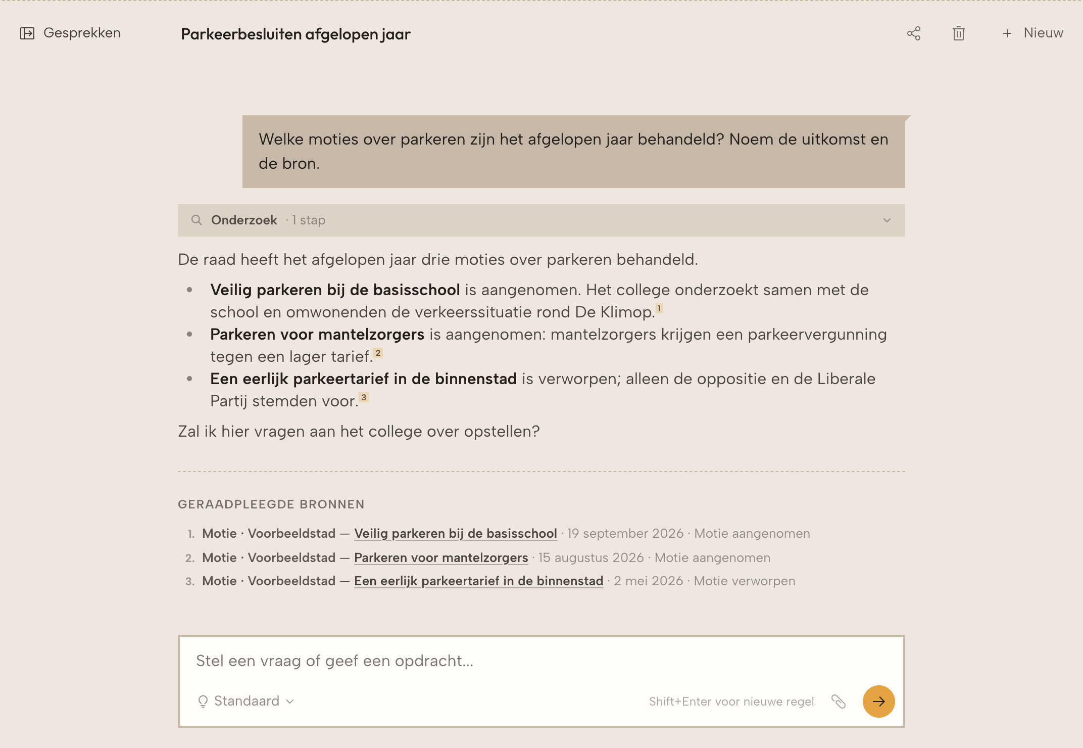 Een gesprek met een vraag en een antwoord met voetnoten en geraadpleegde bronnen.