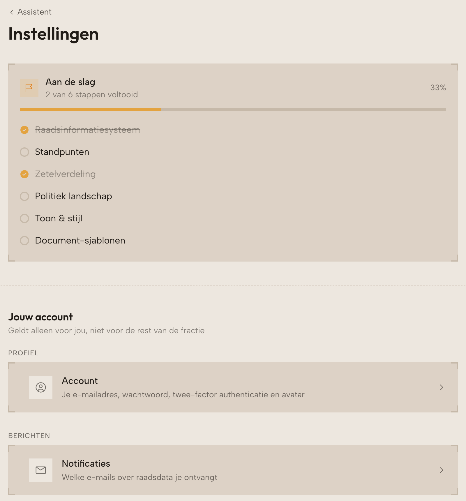 Het instellingenoverzicht met de checklist Aan de slag.