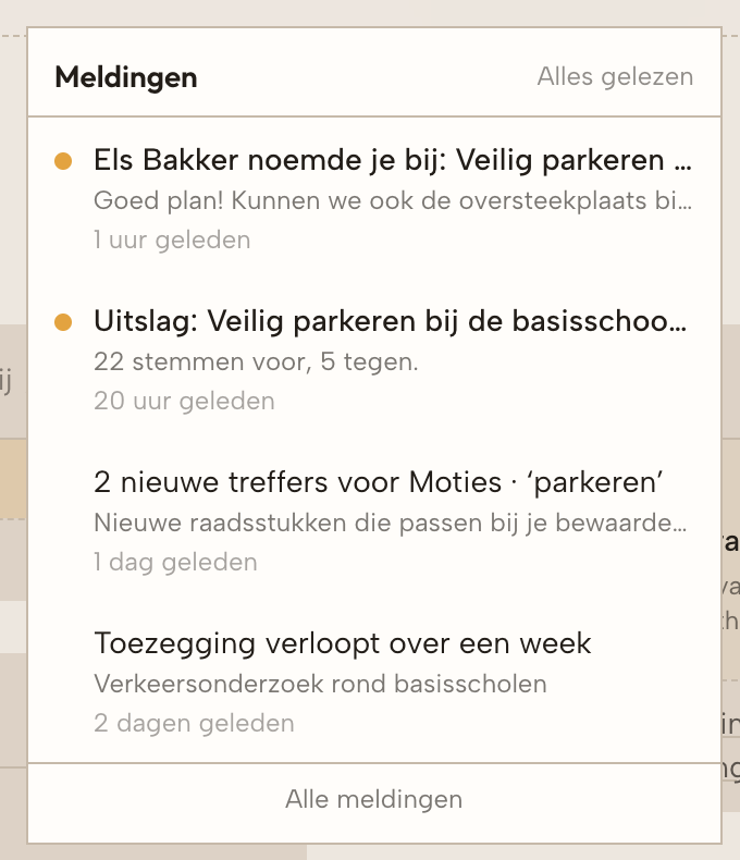 De geopende meldingenbel met een paar meldingen.