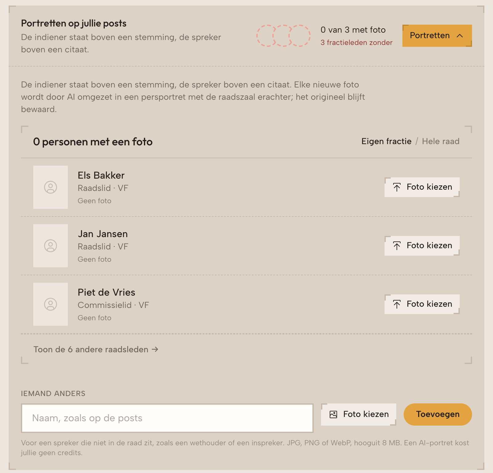 Het paneel Portretten met foto’s van fractieleden en de keuze Origineel of AI-portret.