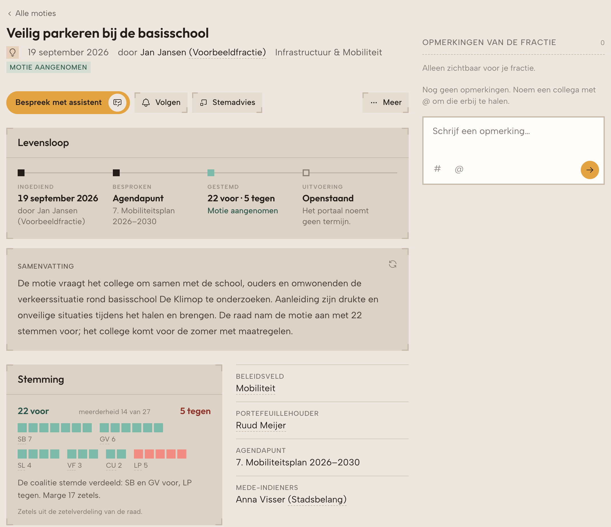 Een motie met status, indieners, Volgen, levensloop en samenvatting.