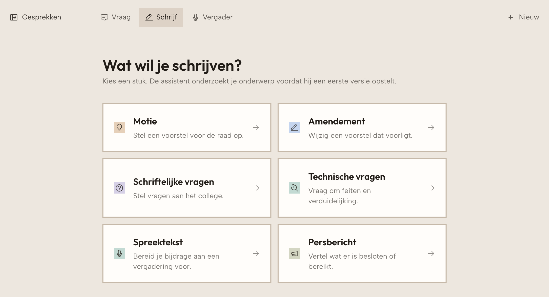 Het overzicht Wat wil je schrijven? met zes soorten stukken.