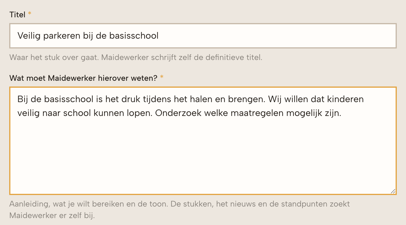 Motieformulier met een titel en toelichting over veilig parkeren bij een basisschool.