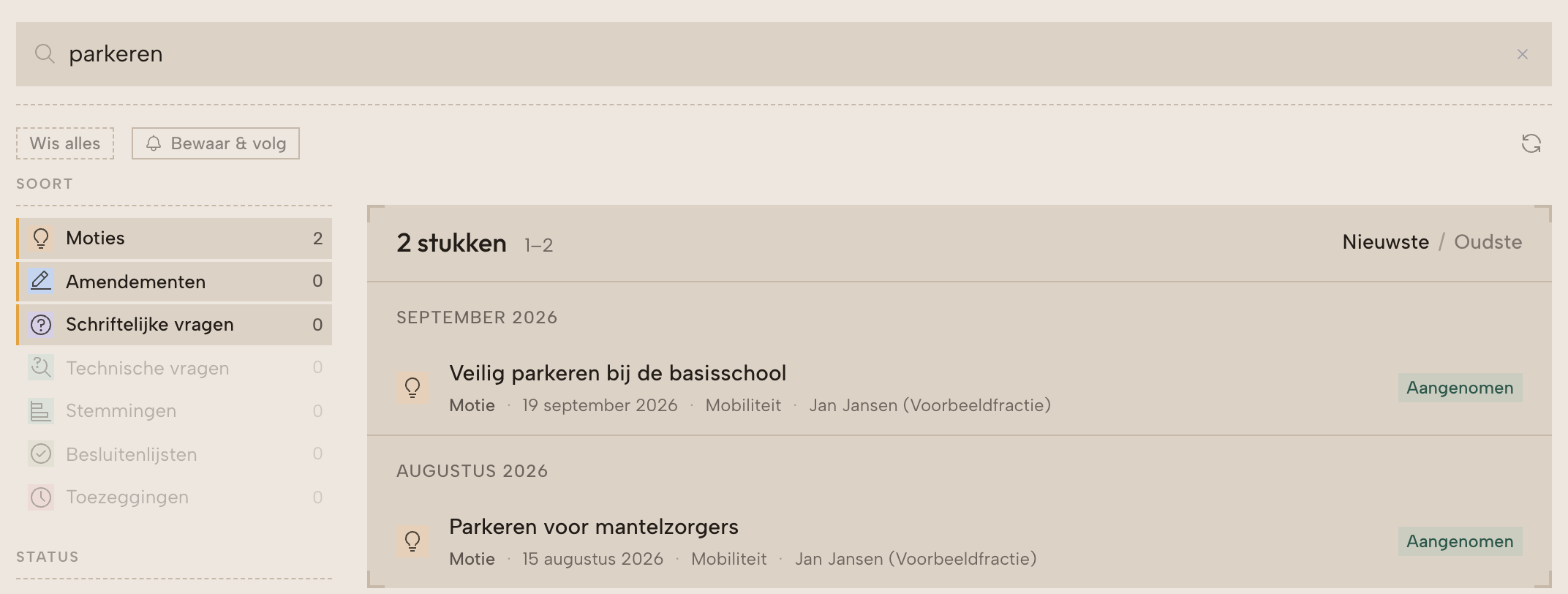 Raadsstukken zoeken op parkeren, met filters, Bewaar & volg en voorbeeldresultaten.