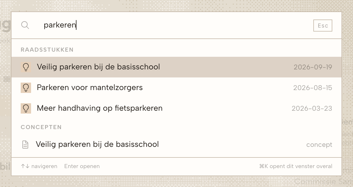 Het zoekvenster met een zoekterm en resultaten per groep.